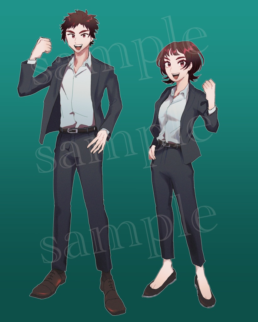 赤髪スーツ男女立ち絵/全身・黒髪差分計4種