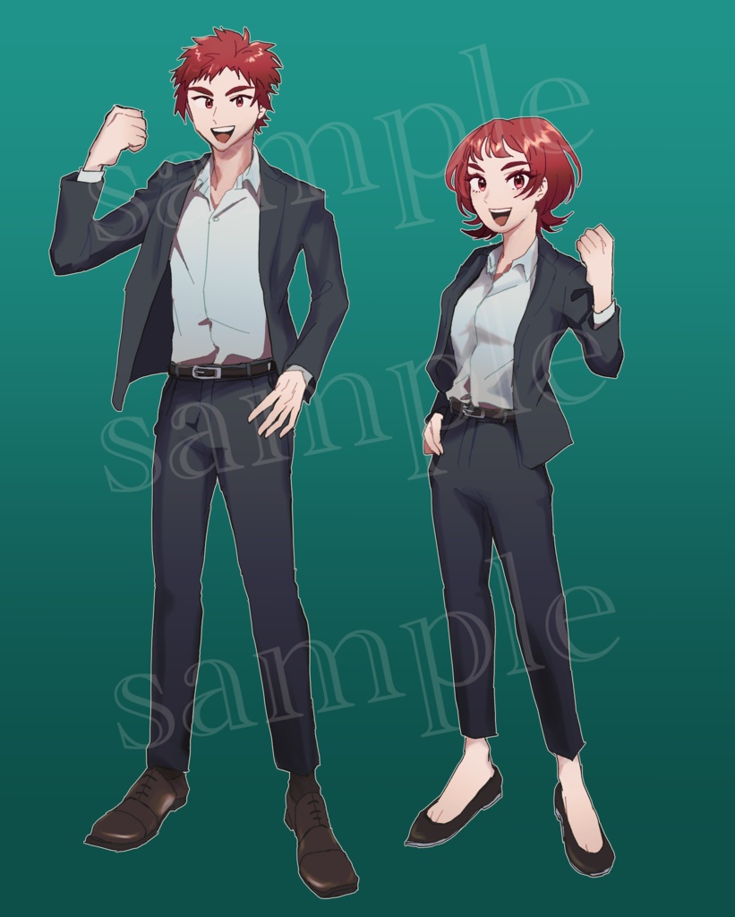 赤髪スーツ男女立ち絵/全身・黒髪差分計4種