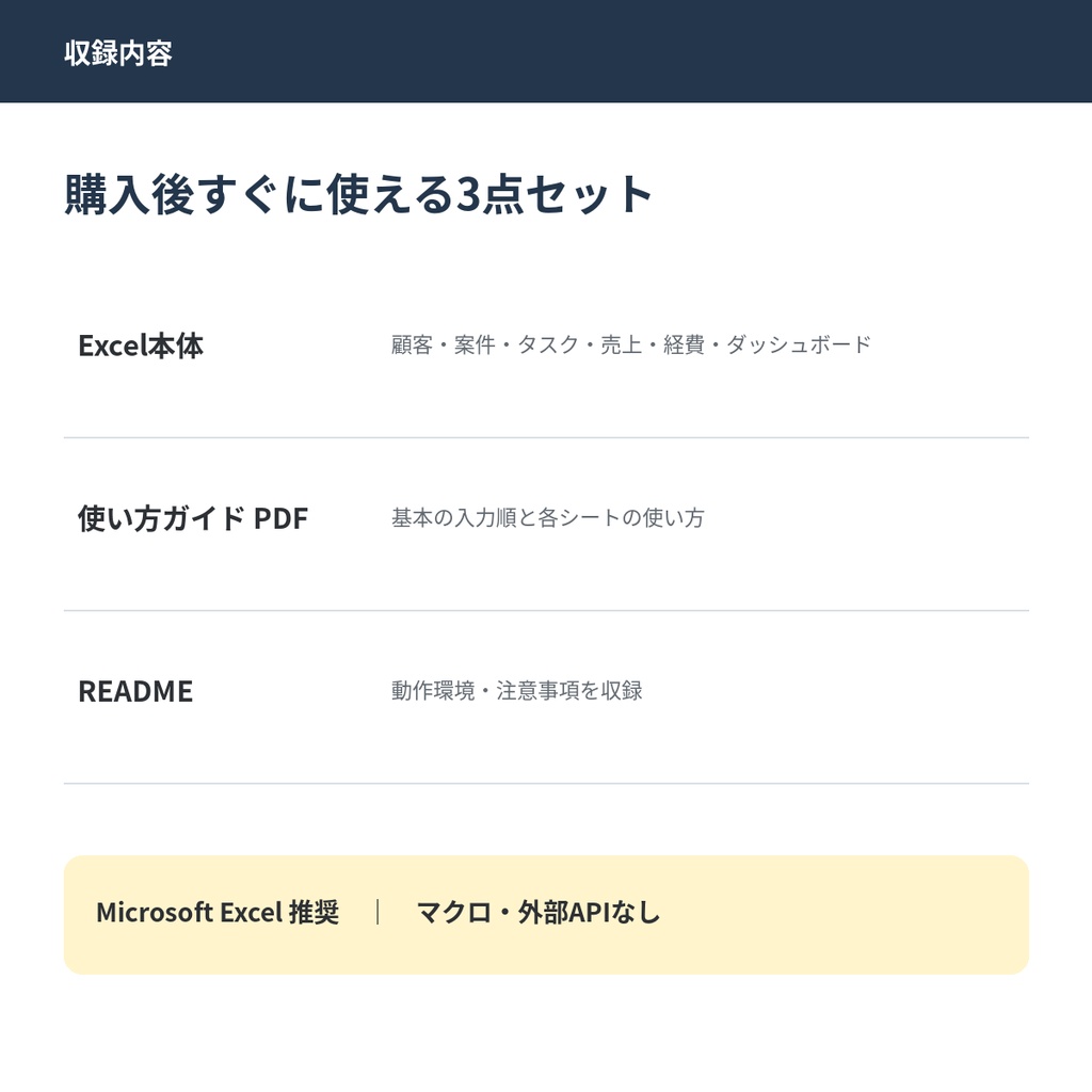 【フリーランス向けExcel】仕事まるごと管理Excel PRO|顧客・案件・タスク・売上・入金・経費を一括管理