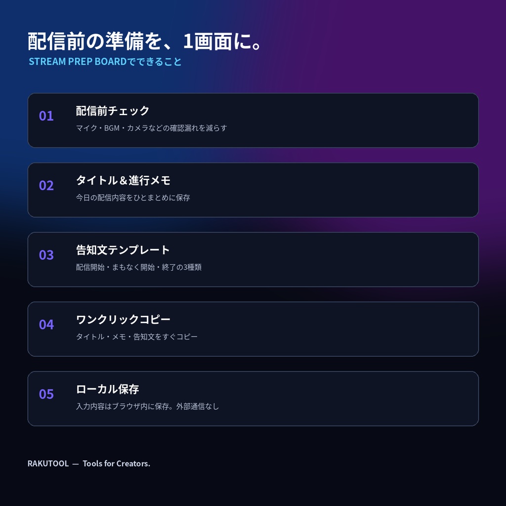 【配信準備を1画面に】STREAM PREP BOARD|チェック・メモ・告知文|VTuber・配信者向け