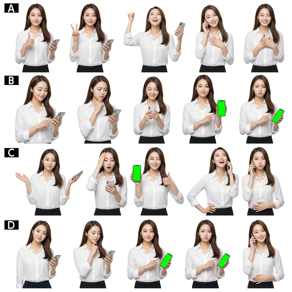 スマホ操作する女性 PNG素材集｜20ポーズ（A〜D構図）【商用可・AI生成】