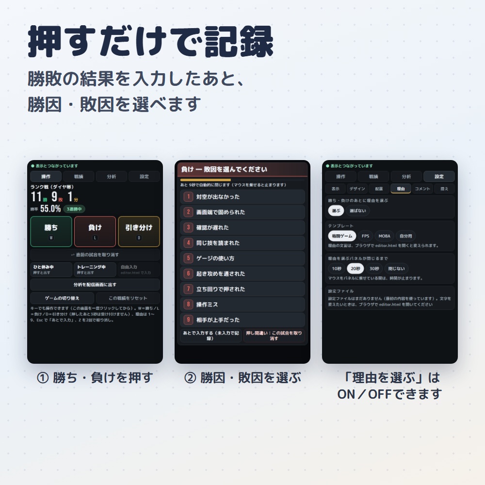 【無料版】勝率カウンター|OBS用 勝敗カウンター【勝因・敗因の分析つき/インストール不要】