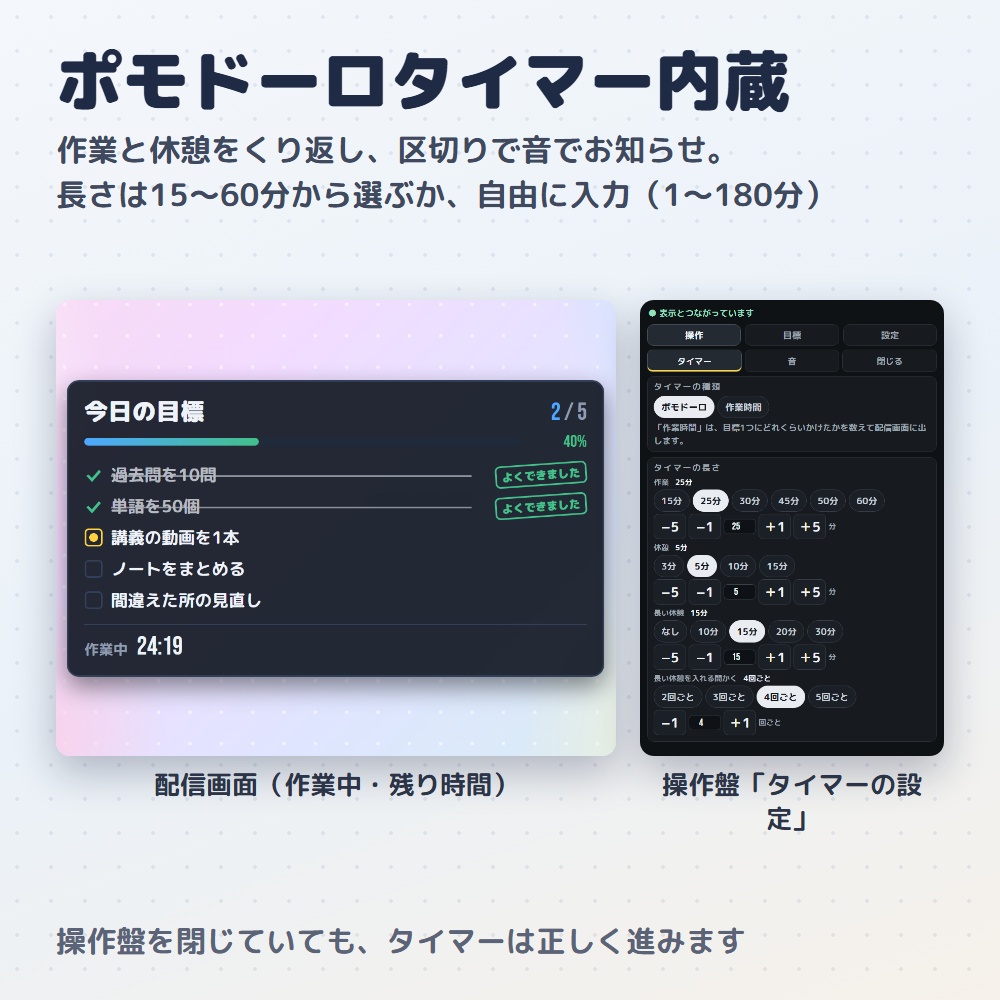 【無料版】目標達成リスト|作業・勉強配信のToDo&ポモドーロ(OBS用)【作業時間つき/インストール不要】