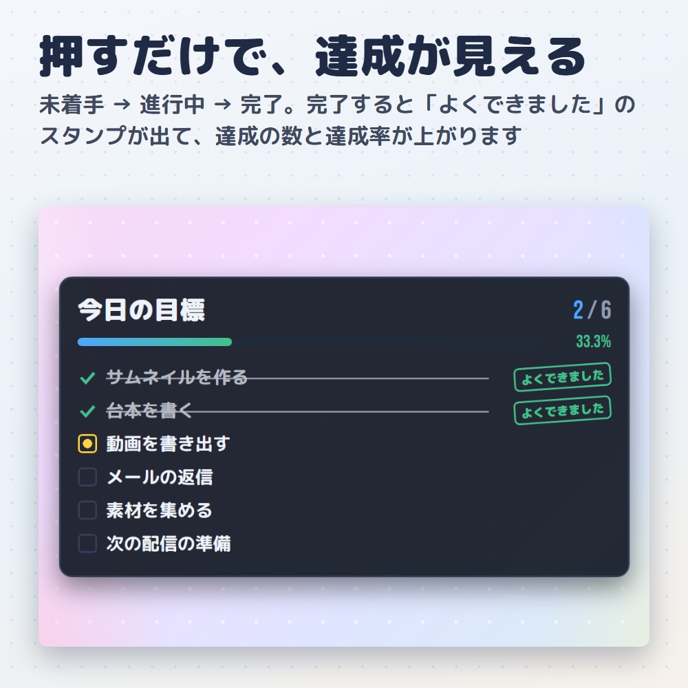 【無料版】目標達成リスト|作業・勉強配信のToDo&ポモドーロ(OBS用)【作業時間つき/インストール不要】