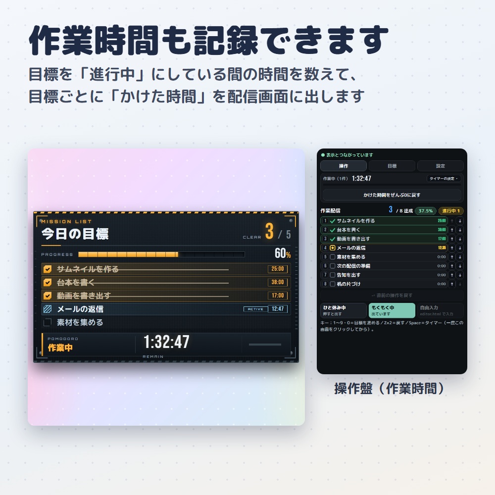 【無料版あり】目標達成リスト|作業・勉強配信のToDo&ポモドーロ(OBS用)【作業時間つき/デザイン4種12色】