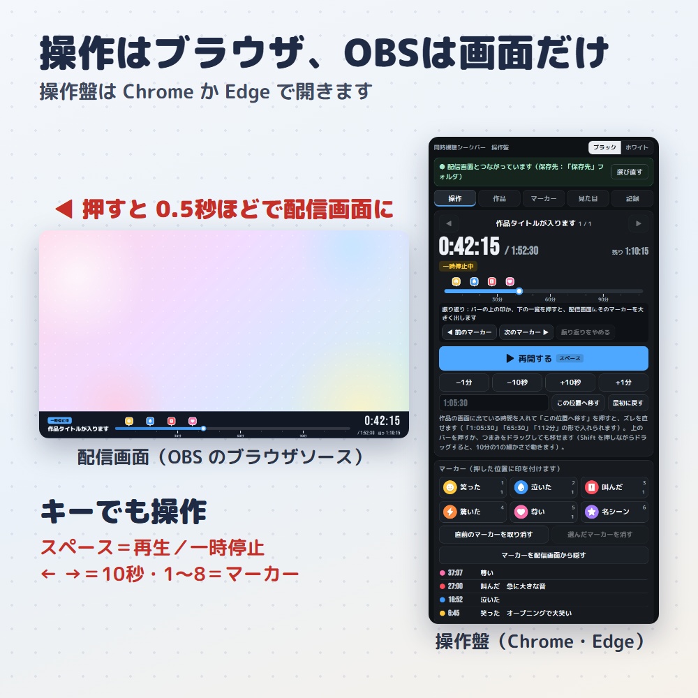【無料版あり】同時視聴シークバー|作品の「今どこ?」をバーと時間で出すタイマー(OBS用)【マーカーで振り返り/デザイン4種24色】