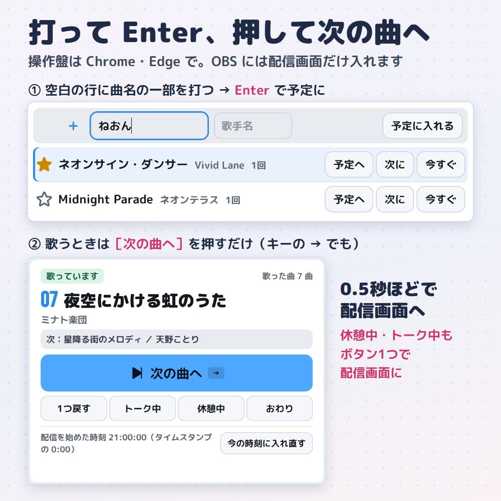 【無料版】歌枠セットリスト|今の曲と歌った曲を出すセトリ表示(OBS用)【曲名を省略しない/インストール不要】