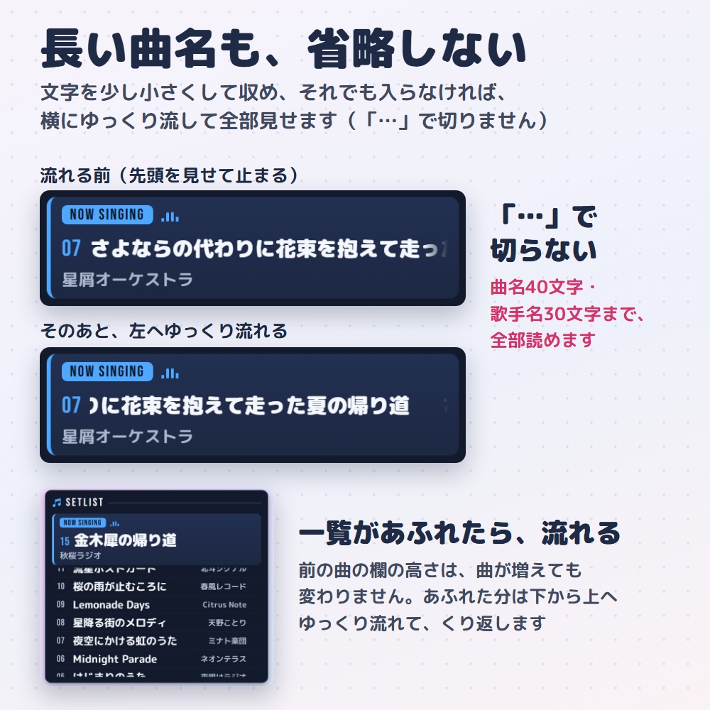 【無料版】歌枠セットリスト|今の曲と歌った曲を出すセトリ表示(OBS用)【曲名を省略しない/インストール不要】
