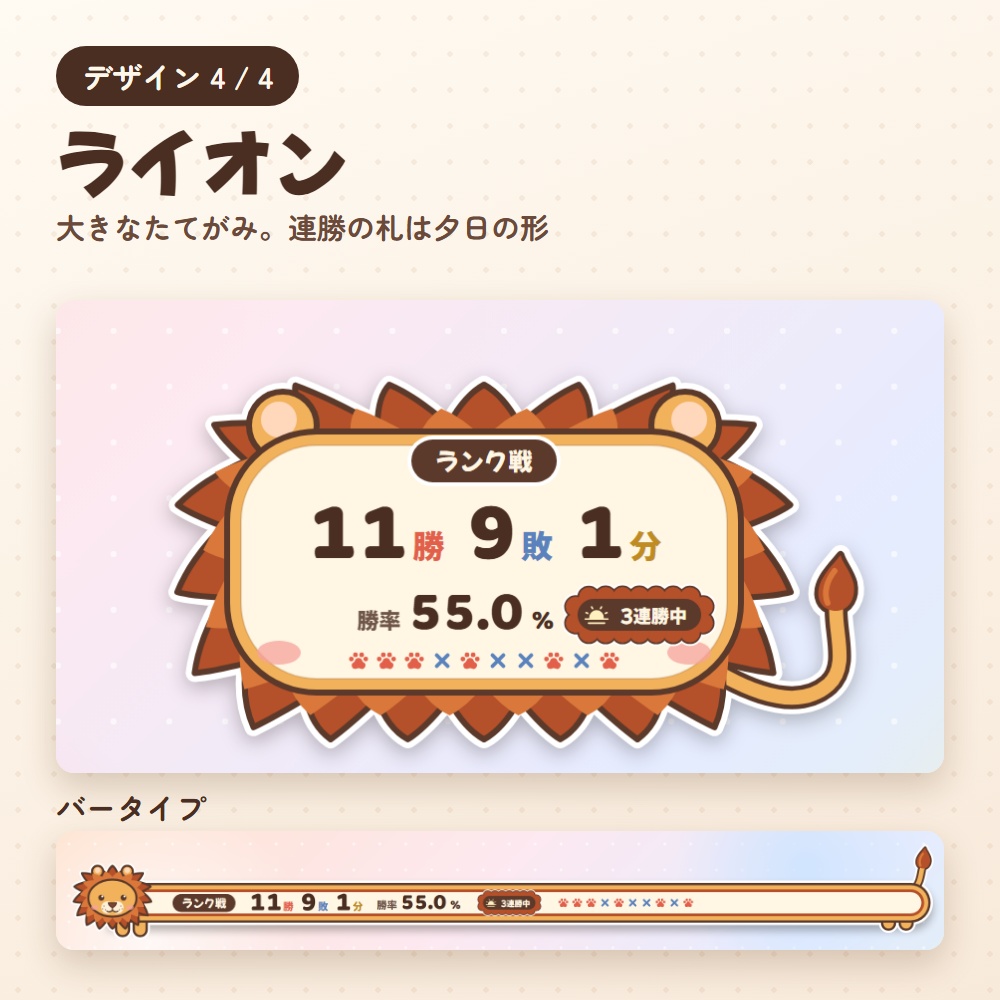 勝率カウンター アニマル版|ねこ・いぬ・ハムスター・ライオンの勝敗カウンター(OBS用)【勝つと動く/勝因・敗因の分析つき】