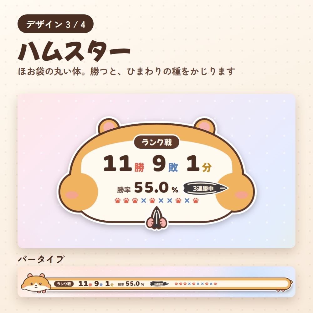 勝率カウンター アニマル版|ねこ・いぬ・ハムスター・ライオンの勝敗カウンター(OBS用)【勝つと動く/勝因・敗因の分析つき】