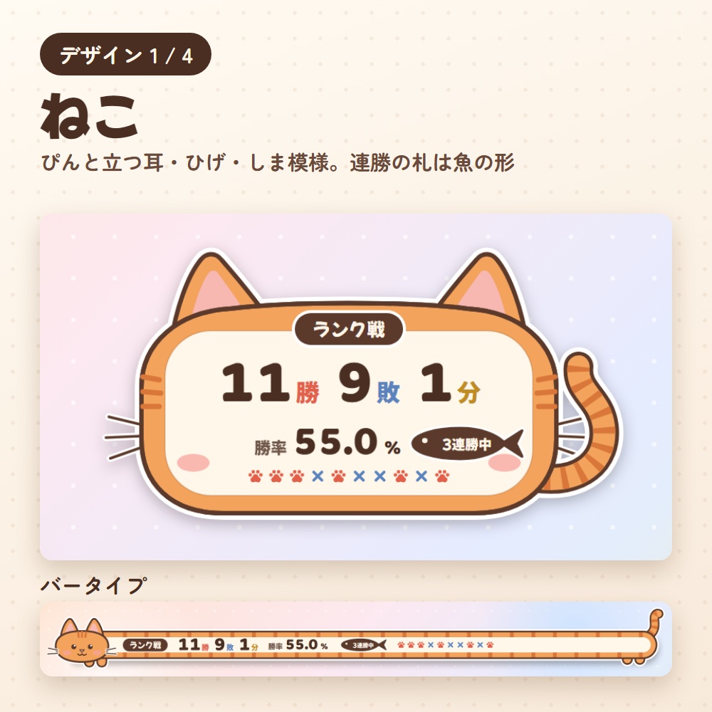 勝率カウンター アニマル版|ねこ・いぬ・ハムスター・ライオンの勝敗カウンター(OBS用)【勝つと動く/勝因・敗因の分析つき】