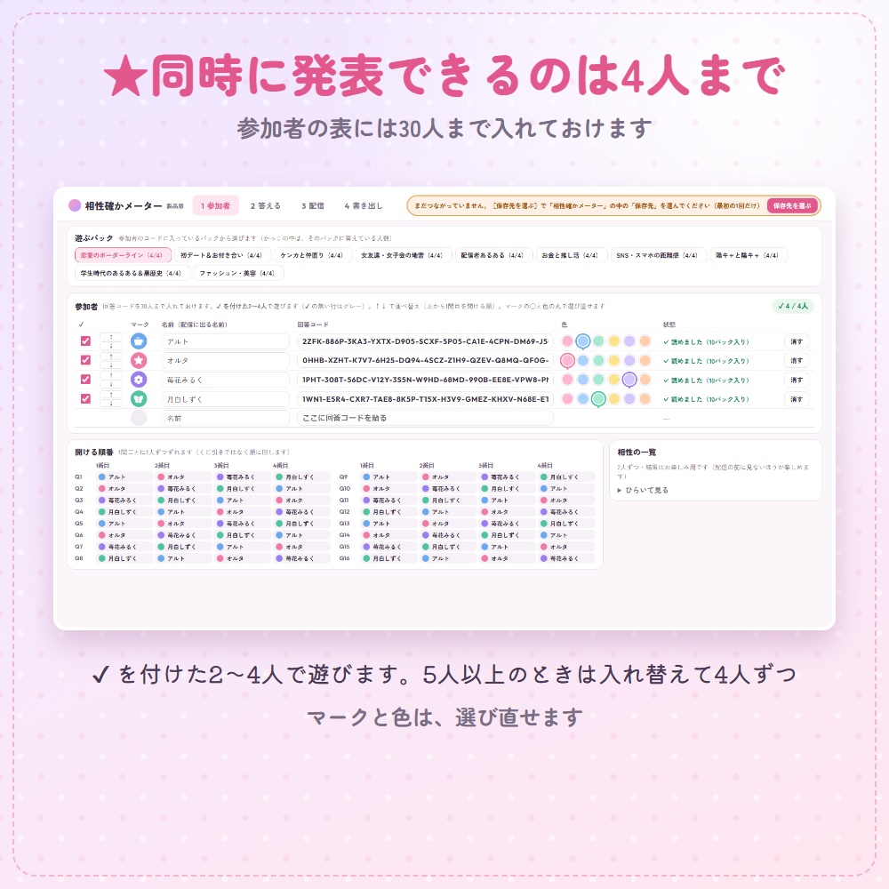 【無料版あり】相性確かメーター|相性・価値観のマッチング診断を配信で(最大4人・女子会・コラボ・恋バナ)