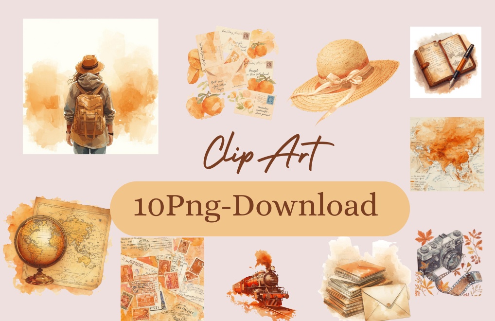 【旅行シリーズ2】水彩アンティーク風クリップアート１０点セット｜PNG背景透過