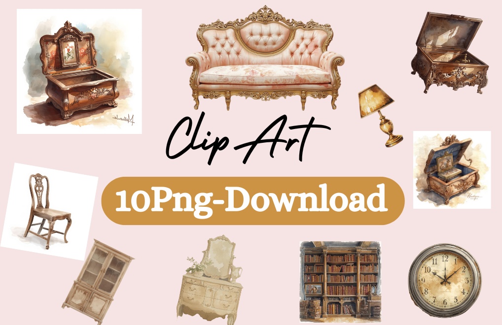 水彩アンティーク家具クリップアートセット(PNG)