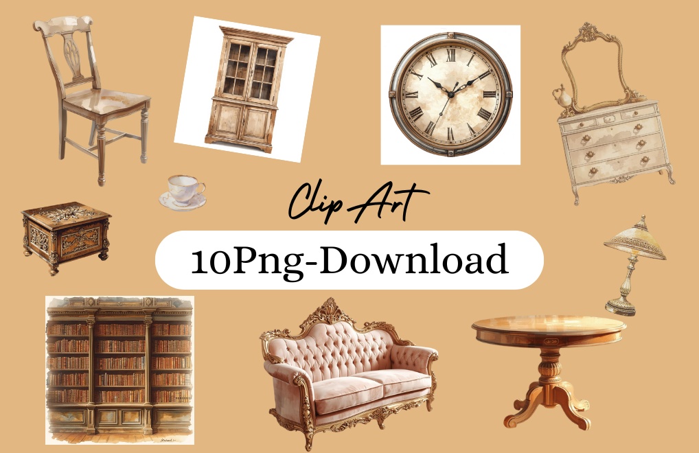 水彩アンティーク家具クリップアート１０点セット（PNG）