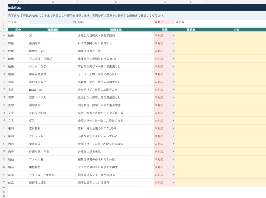 【Excel】ショート動画 発注・撮影・編集指示キット|絵コンテ・権利管理・修正・納品QC