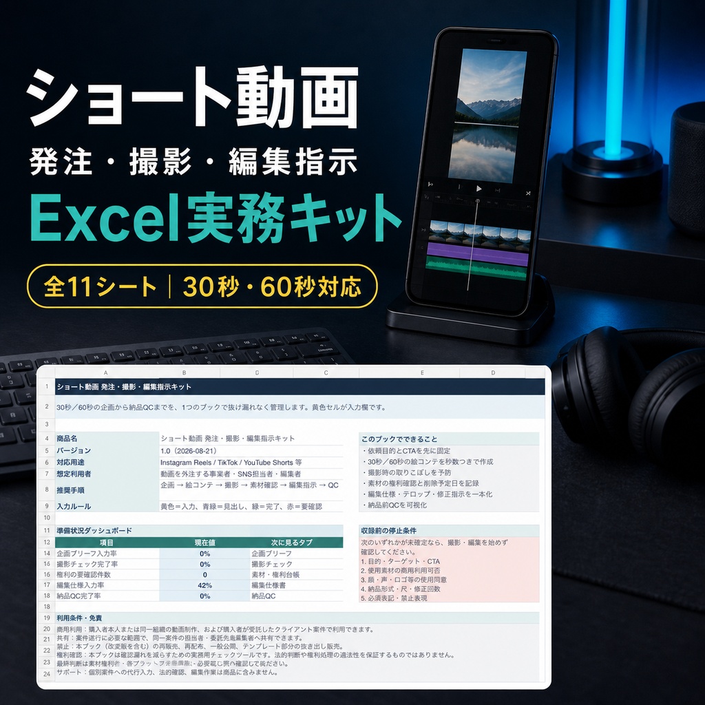【Excel】ショート動画 発注・撮影・編集指示キット|絵コンテ・権利管理・修正・納品QC