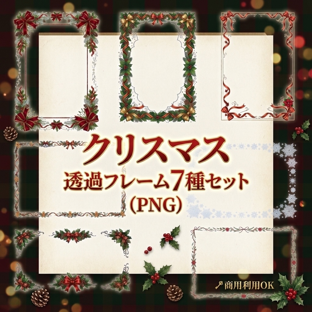 【背景透過PNG】クリスマスフレーム素材 7選｜ポインセチア・もみの木のクラシック飾り枠