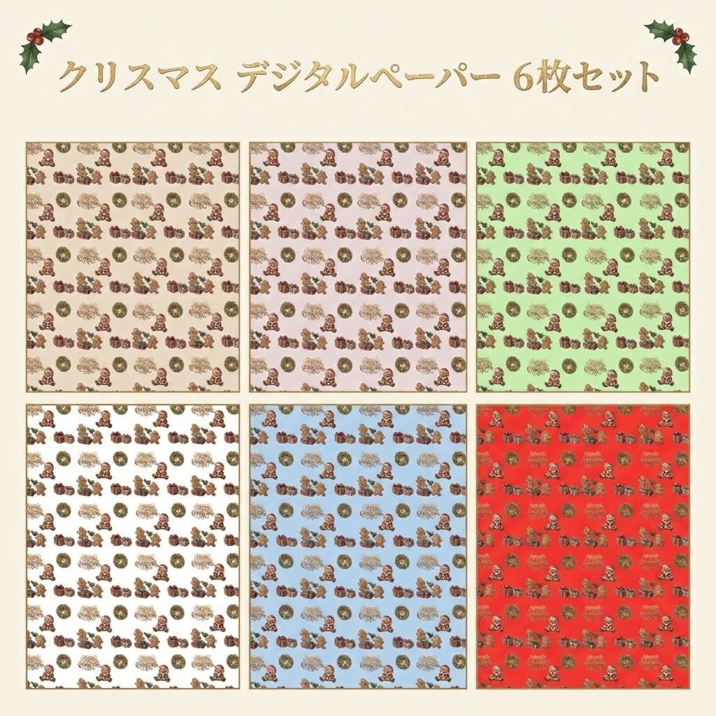 【6色セット】クリスマス デジタルペーパー（サーモンピンク・ペールグリーン・アイボリー・ライトブルー・ホワイト・レッド） / Xmas・冬の背景素材・手帳デコ