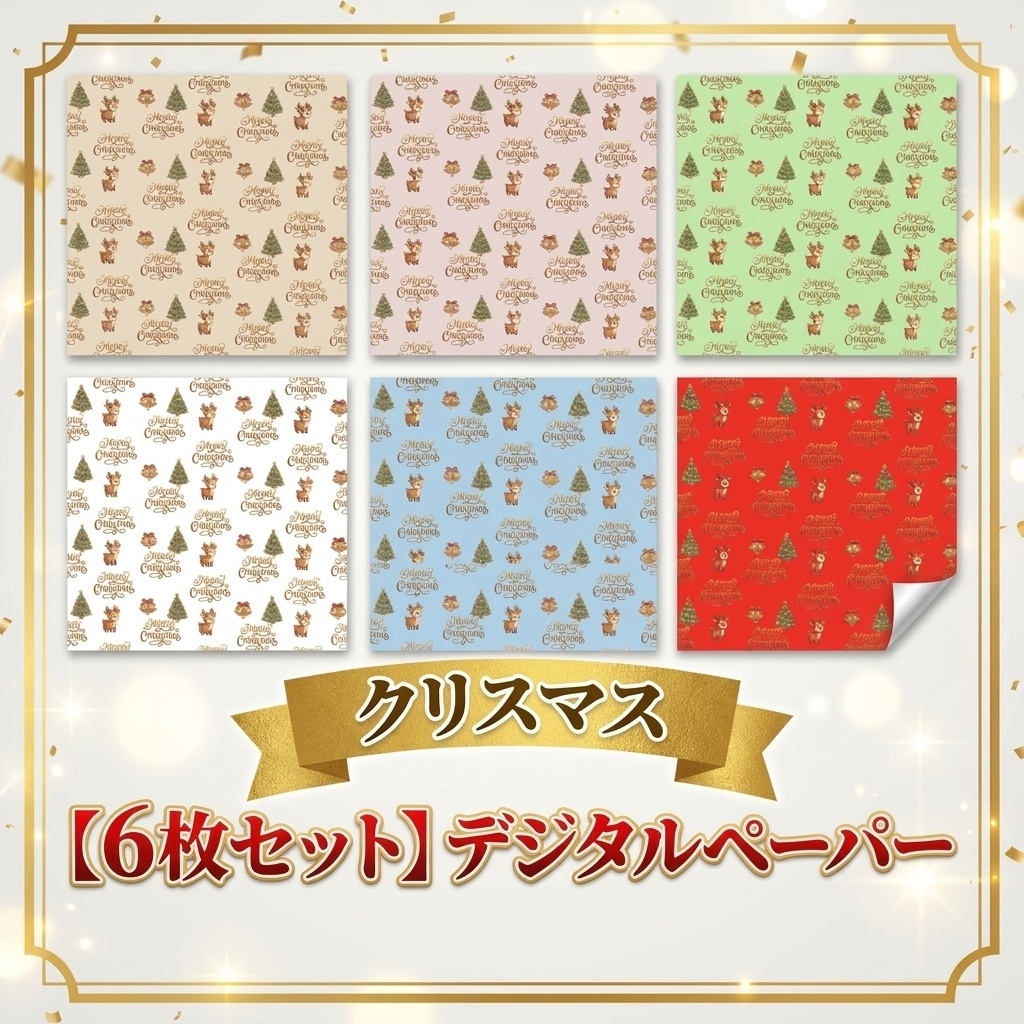 クリスマス トナカイとモミの木のデジタルペーパー 6枚セット A4サイズ（PNG）