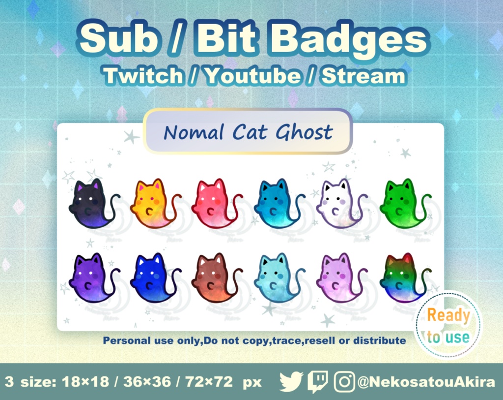 おばけ猫バッジ（Nomal ver） Twitch Sub Badges x12 - Bit Badges / Cute sub badges / Kawaii / Streamer
