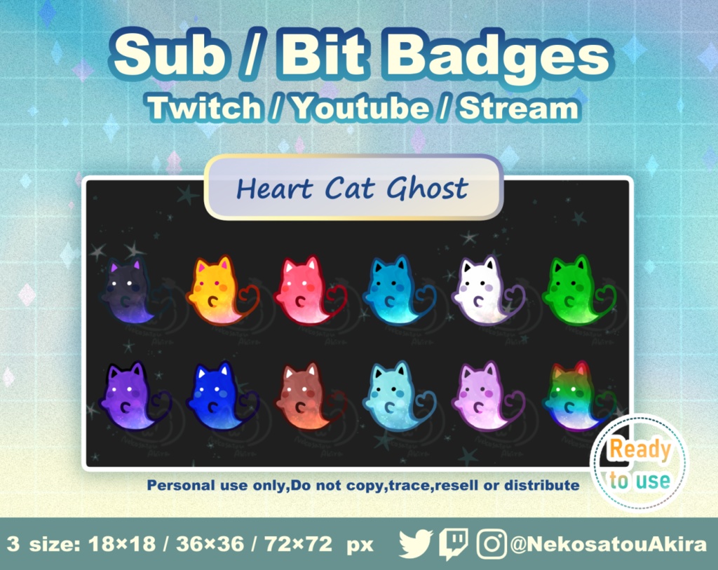おばけ猫バッジ（Heart ver） Twitch Sub Badges x12 - Bit Badges / Cute sub badges / Kawaii / Streamer