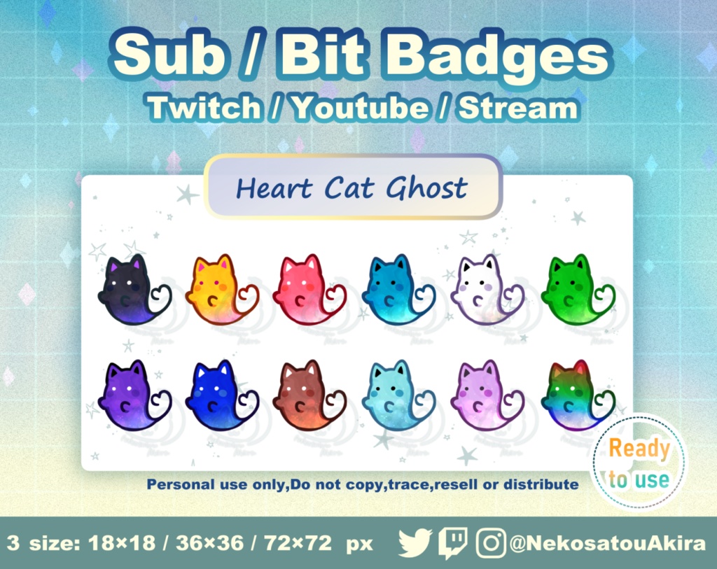 おばけ猫バッジ Heart Ver Twitch Sub Badges X12 Bit Badges Cute Sub Badges Kawaii Streamer 猫砂糖 Booth