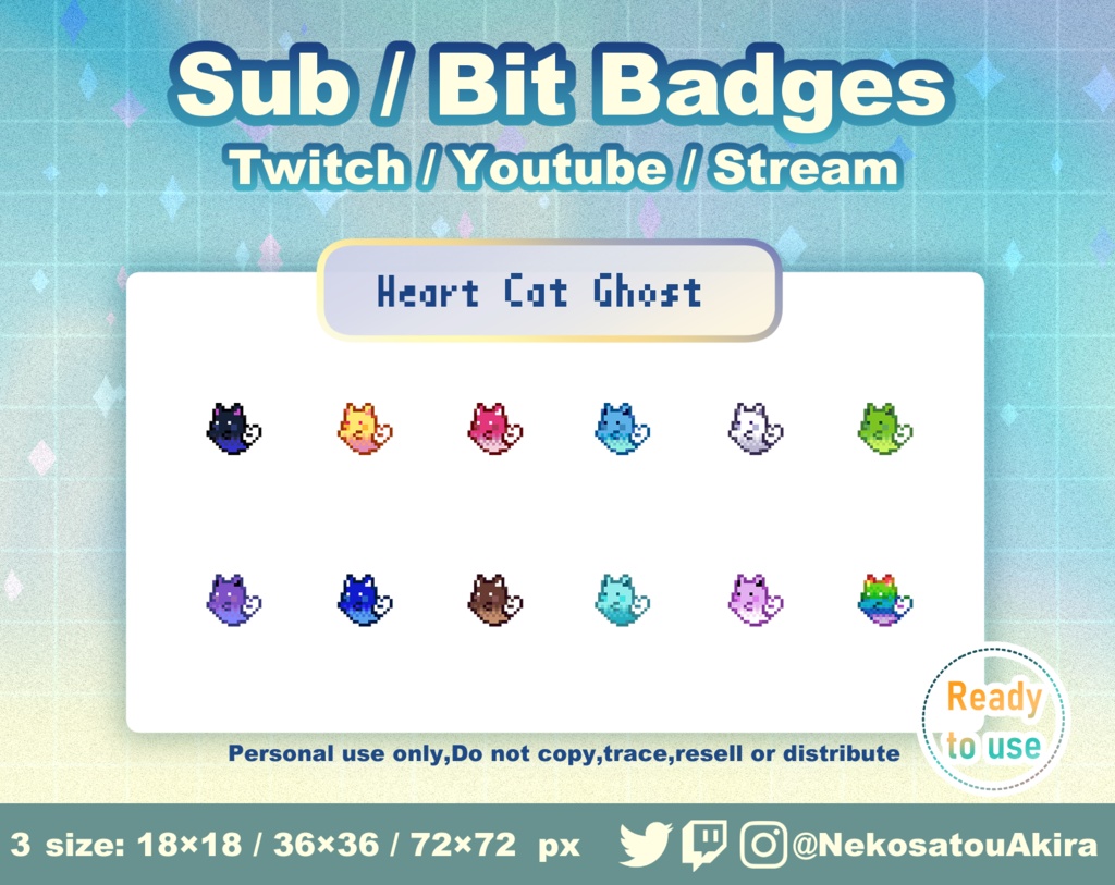 ドット絵おばけ猫バッジ(Heart ver) Twitch Sub Badges x12 - Bit Badges / Pixel Art / Cute sub badges / Kawaii / Streamer