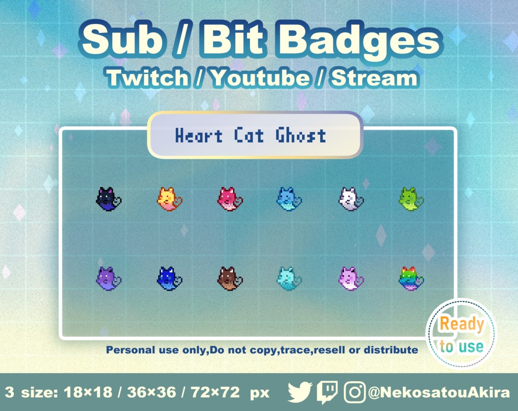 ドット絵おばけ猫バッジ（Heart ver） Twitch Sub Badges x12 - Bit Badges / Pixel Art / Cute sub badges / Kawaii / Streamer