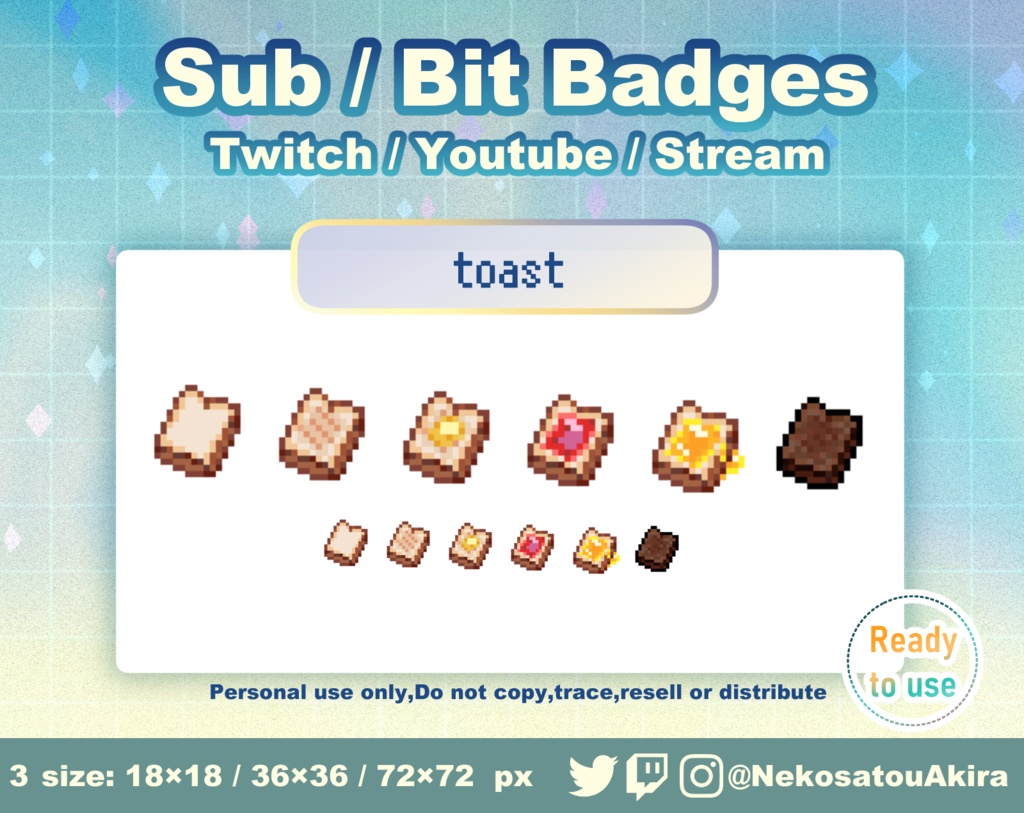 ドット絵「トースト」Twitch サブスクバッジ・ビッツバッジ / Cute badge / Kawaii / Streamer