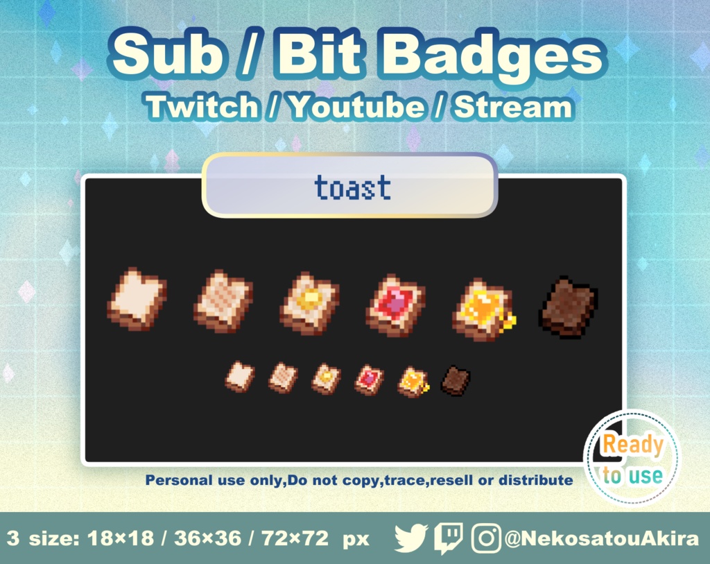 ドット絵「トースト」Twitch サブスクバッジ・ビッツバッジ / Cute badge / Kawaii / Streamer