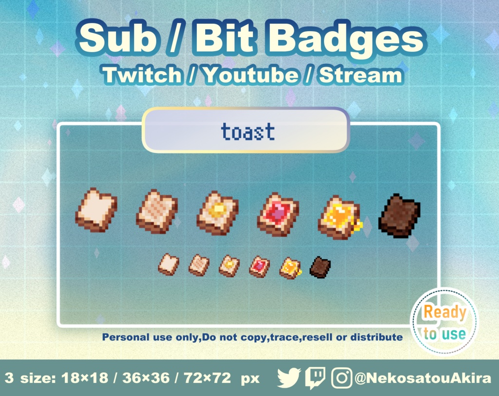 ドット絵「トースト」Twitch サブスクバッジ・ビッツバッジ / Cute badge / Kawaii / Streamer