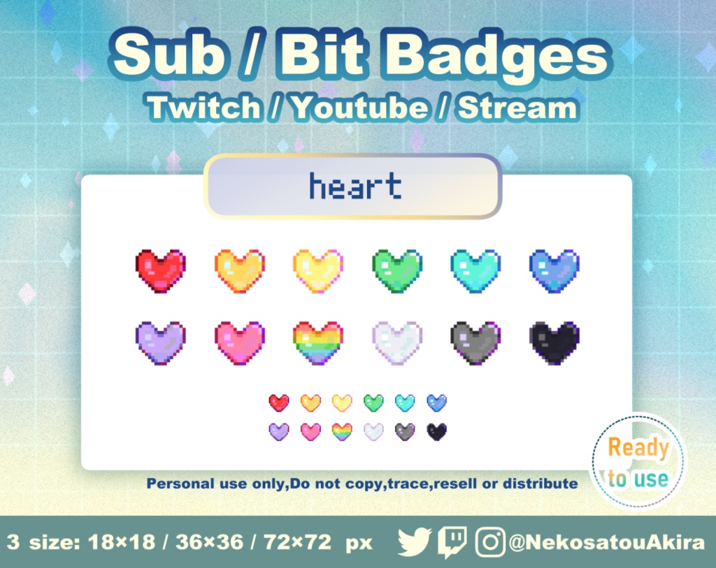 ドット絵「ハート」バッジ Twitch Sub Badges x12 - Bit Badges / Pixel Art / Cute sub badges / Kawaii / Streamer