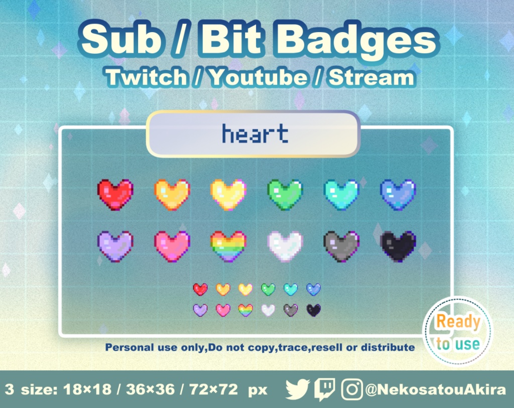 ドット絵「ハート」バッジ　Twitch Sub Badges x12 - Bit Badges / Pixel Art / Cute sub badges / Kawaii / Streamer