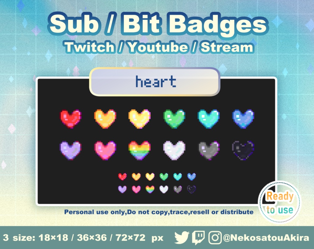 ドット絵「ハート」バッジ Twitch Sub Badges x12 - Bit Badges / Pixel Art / Cute sub badges / Kawaii / Streamer