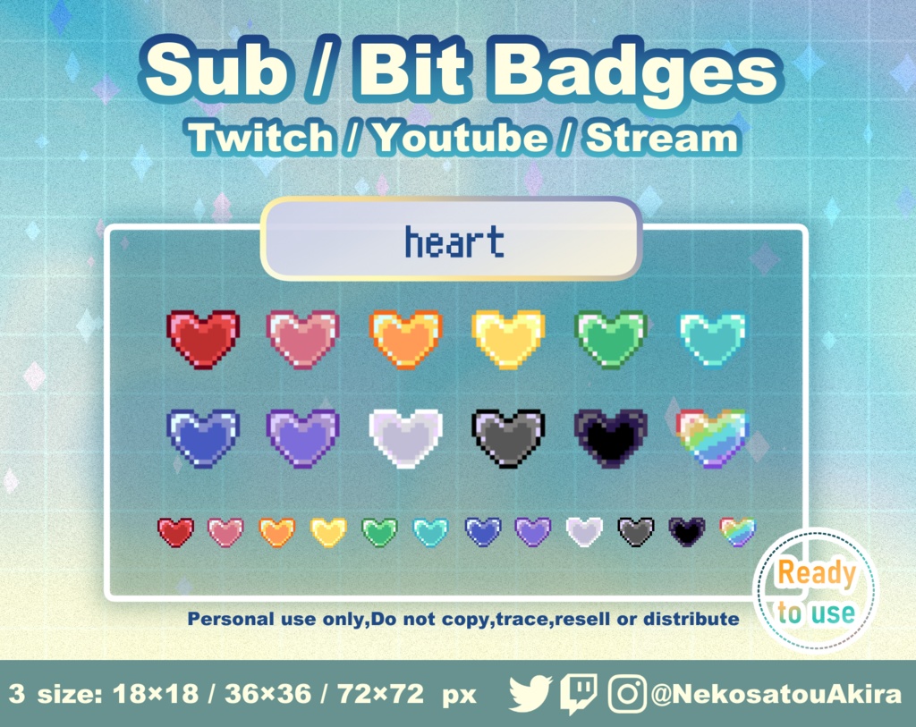 ドット絵「ハート」バッジ　Twitch Sub Badges x12 - Bit Badges / Pixel Art / Cute sub badges / Kawaii / Streamer