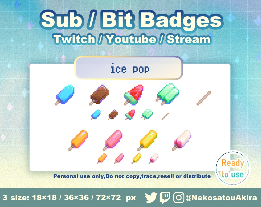ドット絵アイスキャンデーバッジ Twitch Sub Badges x9 - Bit Badges / Pixel Art / Cute sub badges / Kawaii / Streamer