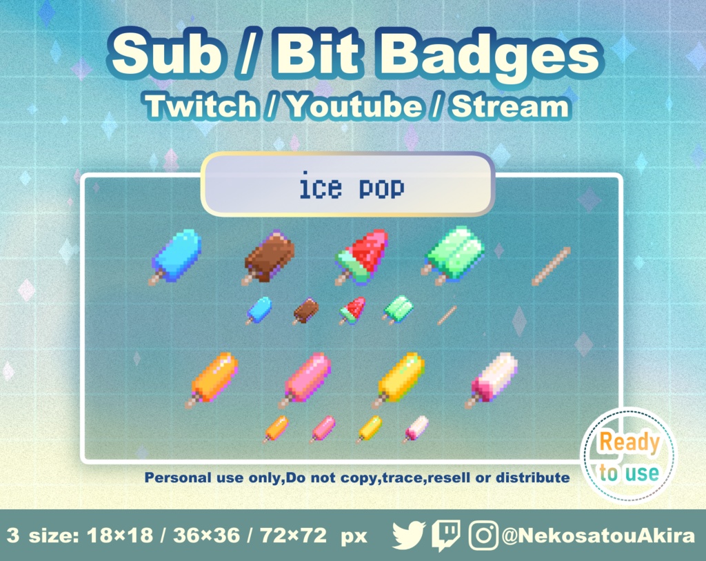 ドット絵アイスキャンデーバッジ　Twitch Sub Badges x9 - Bit Badges / Pixel Art / Cute sub badges / Kawaii / Streamer