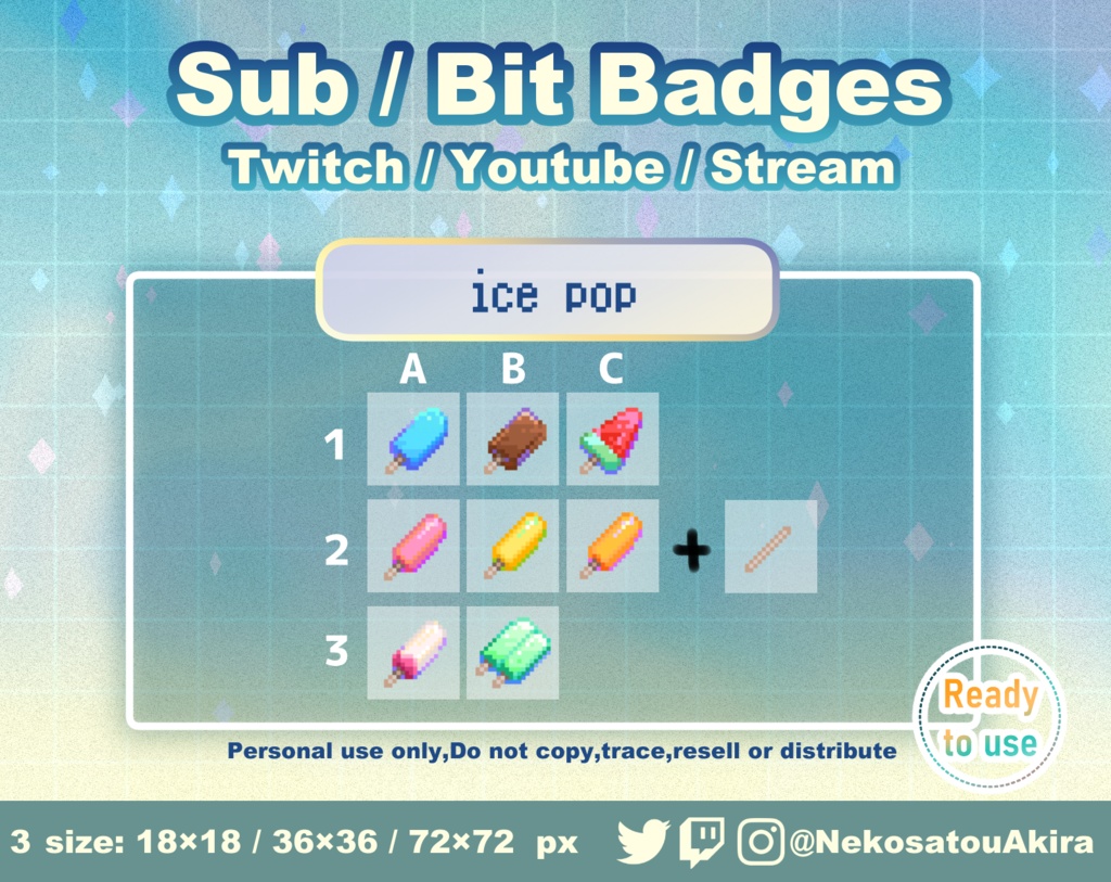 ドット絵アイスキャンデーバッジ Twitch Sub Badges x9 - Bit Badges / Pixel Art / Cute sub badges / Kawaii / Streamer