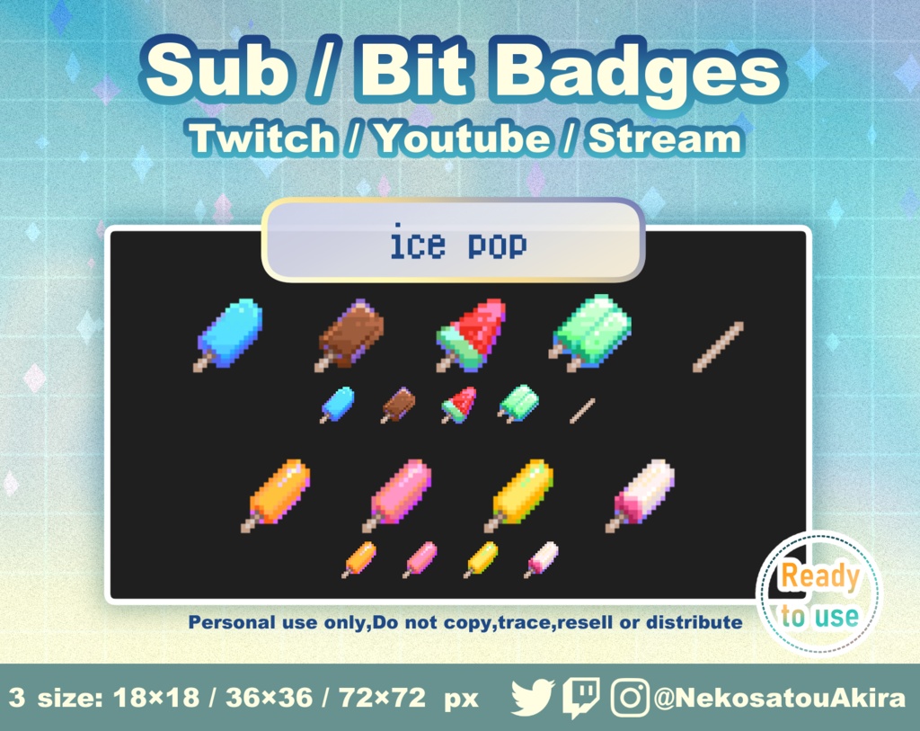ドット絵アイスキャンデーバッジ Twitch Sub Badges x9 - Bit Badges / Pixel Art / Cute sub badges / Kawaii / Streamer