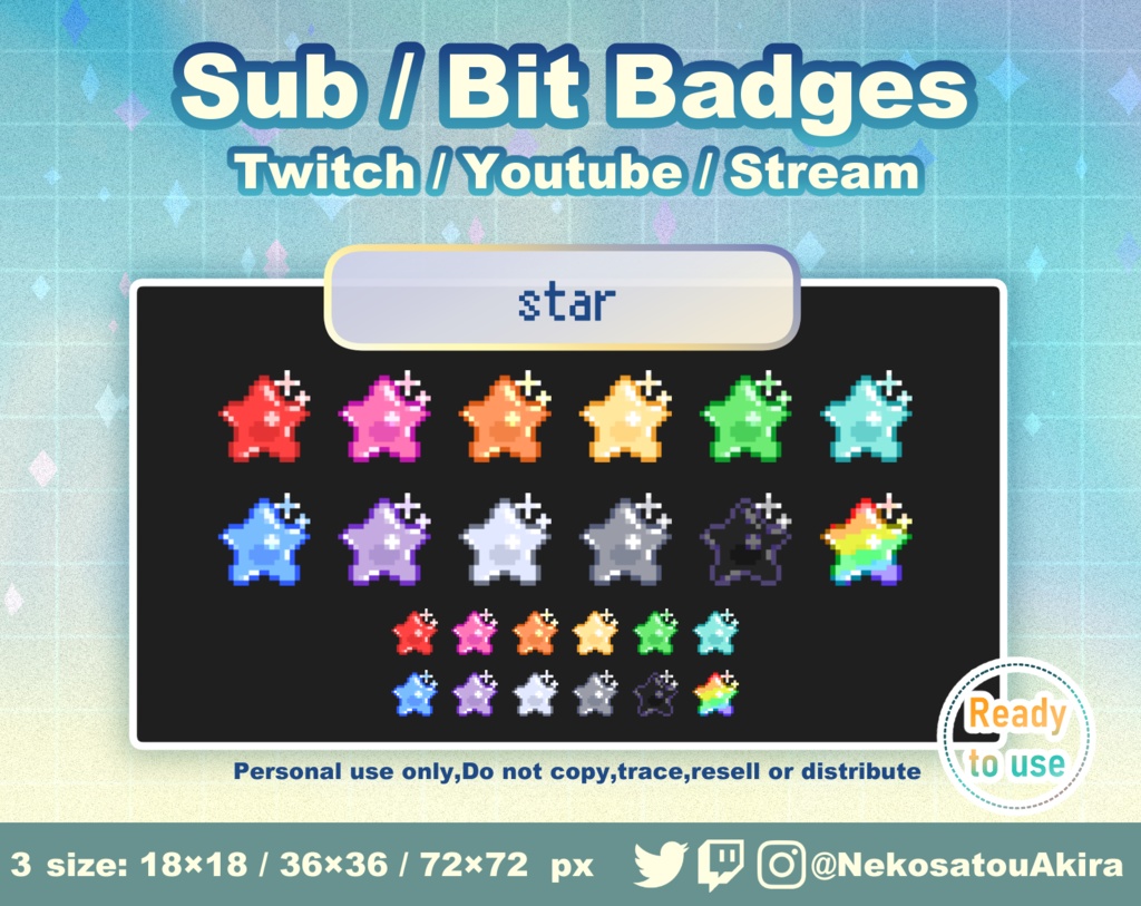 ドット絵「スター」バッジ Twitch Sub Badges x12 - Bit Badges / Pixel Art / bits badges / Streamer