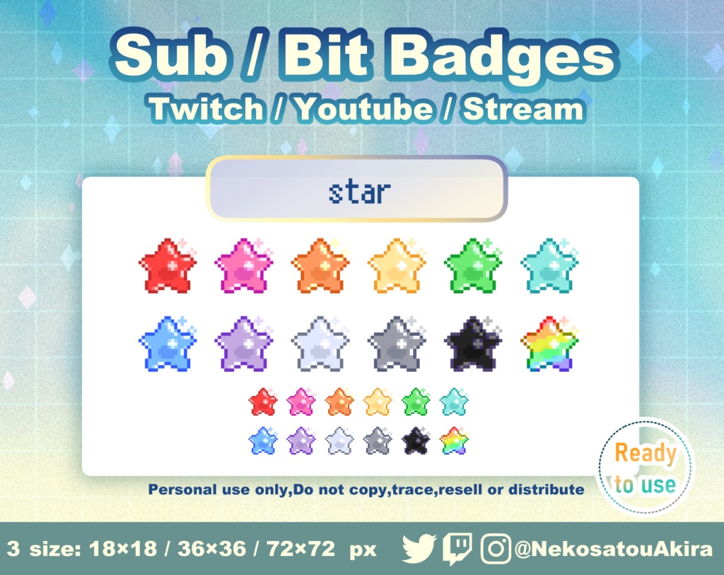 ドット絵「スター」バッジ Twitch Sub Badges x12 - Bit Badges / Pixel Art / bits badges / Streamer
