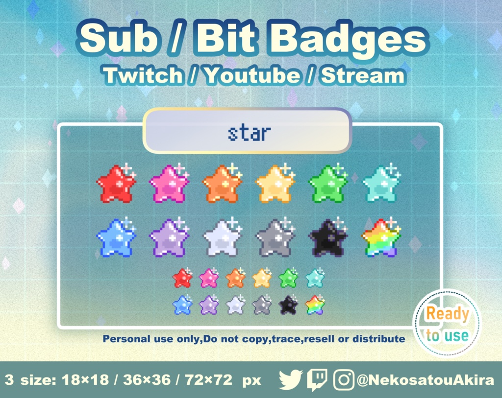 ドット絵「スター」バッジ　Twitch Sub Badges x12 - Bit Badges / Pixel Art / bits badges /  Streamer