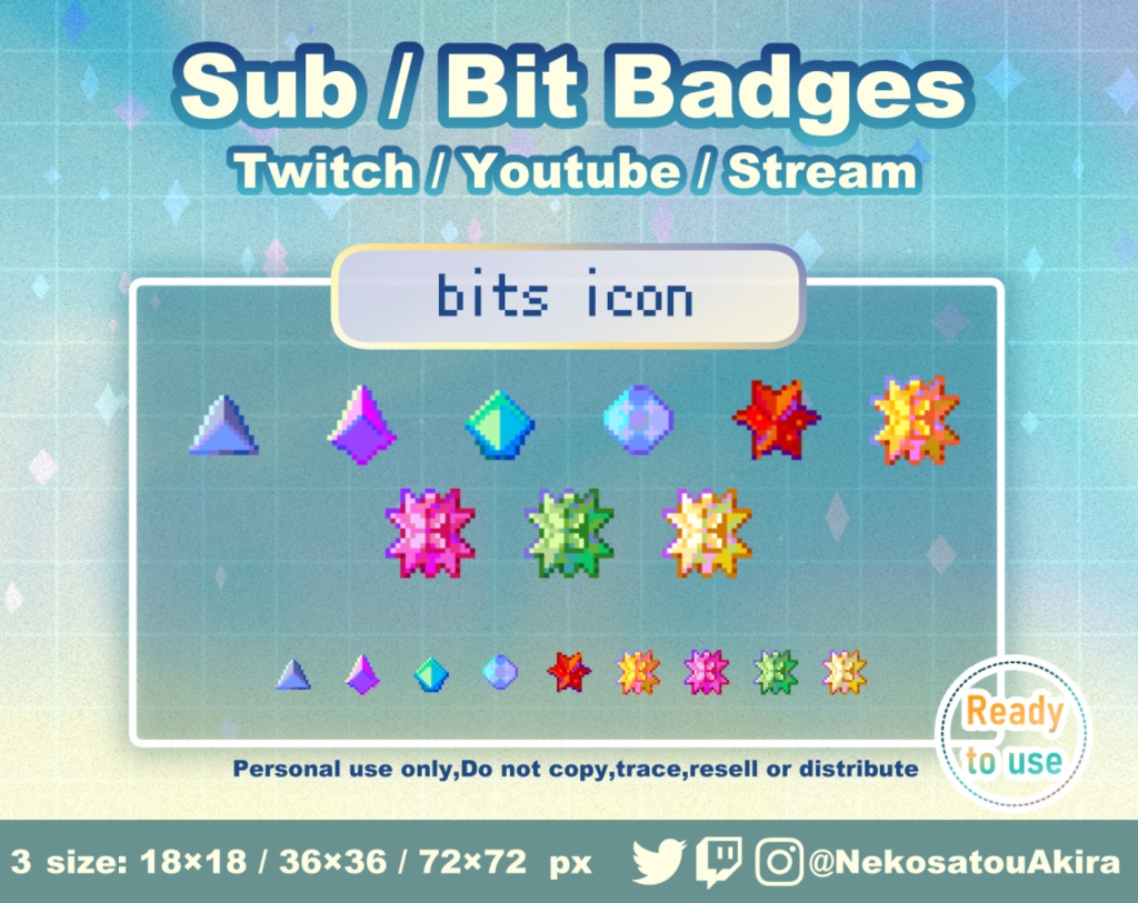 ドット絵ビッツアイコンバッジ　Twitch Sub Badges x9 - Bit Badges / Pixel Art / Cute sub badges / Kawaii / Streamer