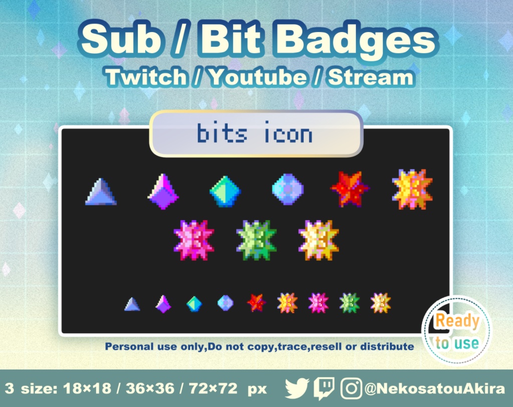 ドット絵ビッツアイコンバッジ Twitch Sub Badges x9 - Bit Badges / Pixel Art / Cute sub badges / Kawaii / Streamer