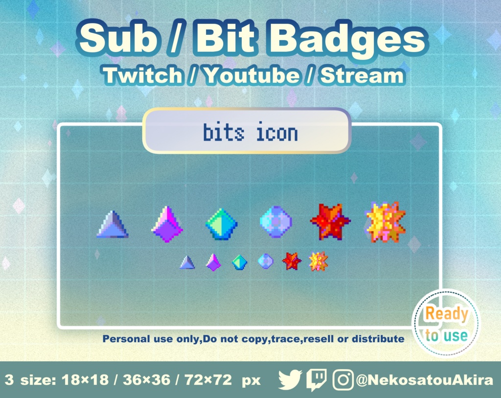 ドット絵ビッツアイコンバッジ　Twitch Sub Badges x6 - Bit Badges / Pixel Art / Cute sub badges / Kawaii / Streamer