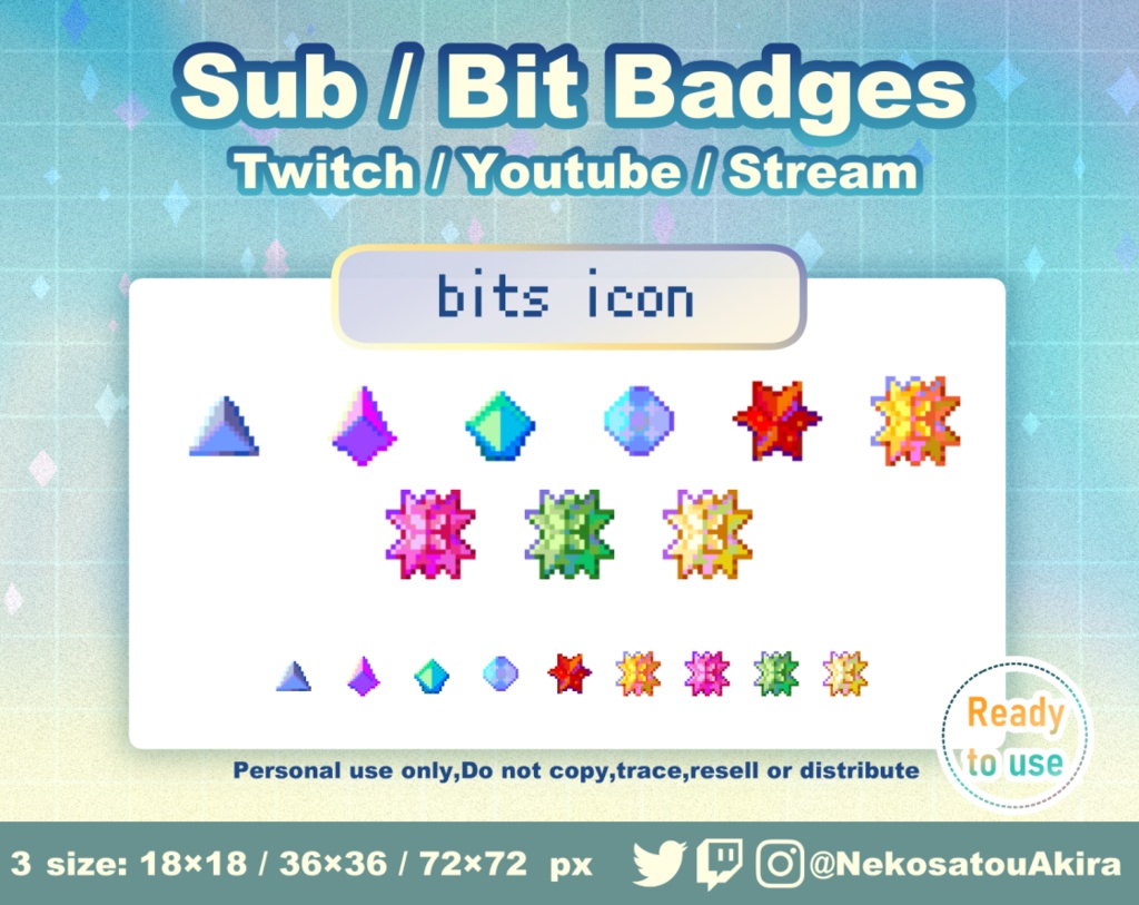 ドット絵ビッツアイコンバッジ Twitch Sub Badges x9 - Bit Badges / Pixel Art / Cute sub badges / Kawaii / Streamer
