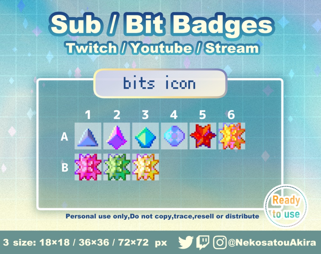 ドット絵ビッツアイコンバッジ Twitch Sub Badges x9 - Bit Badges / Pixel Art / Cute sub badges / Kawaii / Streamer