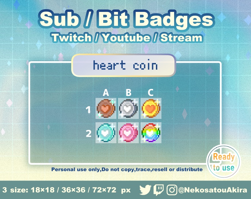 ドット絵「ハートコイン」バッジ Twitch Sub Badges x6 - Bit Badges / Pixel Art / Cute sub badges / Kawaii / Streamer