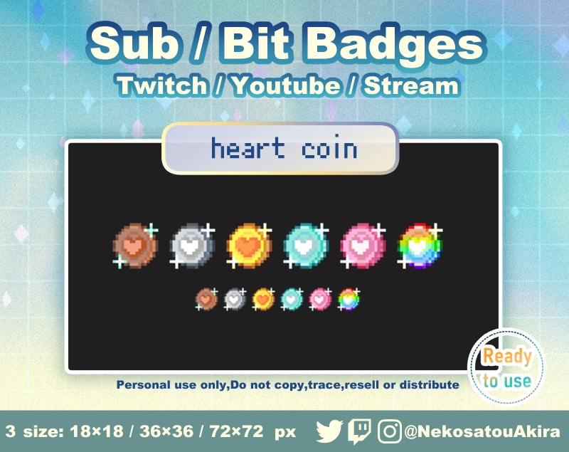 ドット絵「ハートコイン」バッジ Twitch Sub Badges x6 - Bit Badges / Pixel Art / Cute sub badges / Kawaii / Streamer
